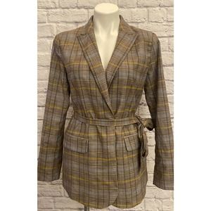 A New Day Size Medium Plaid Blazer Tie Waist Brown Plaid